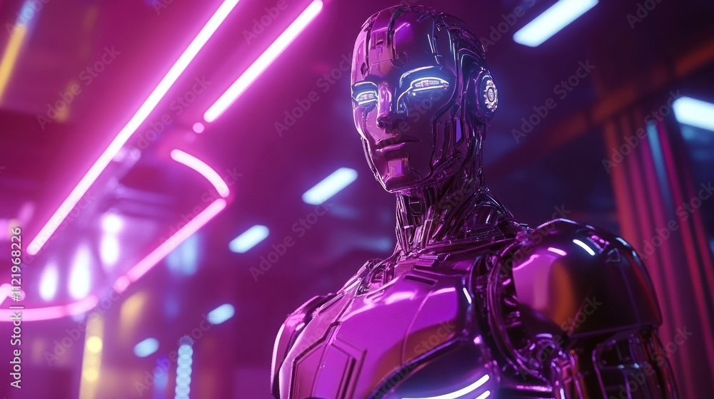 Futuristic robot with purple pink glowing neon light background Futuristic robot with purple pink glowing neon light background