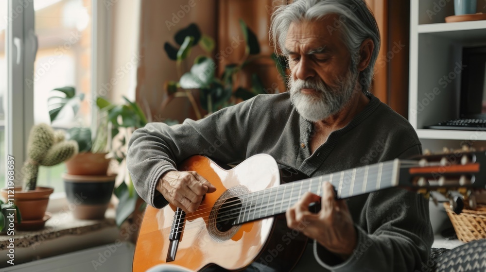 Obraz premium An adult practicing a musical instrument at home, following along with an online tutorial