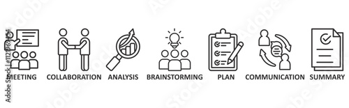 Brief icon set illustration concept with icon of meeting, collaboration, analysis, brainstorming, plan, communication, summary