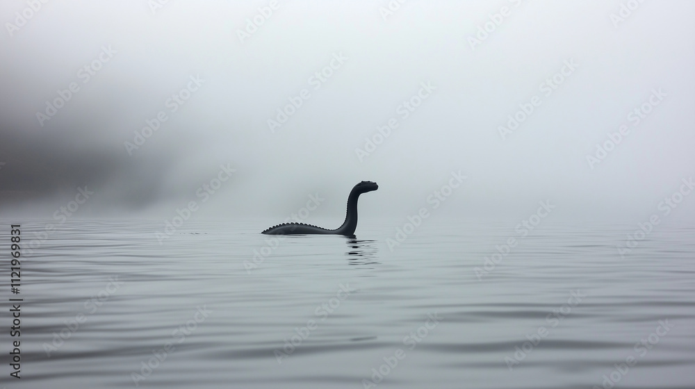 Fototapeta premium The silhouette of the Loch Ness monster emerging from foggy waters, its long neck and head breaking the surface under a gray sky