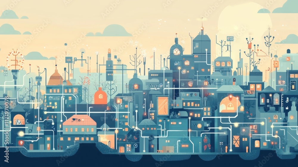 Obraz premium Stylized city skyline with colorful buildings and intricate details under a soft sunset.