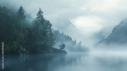 A misty morning at Loch Ness with the faint outline of the monster visible in the distance, blending into the gray waters photo