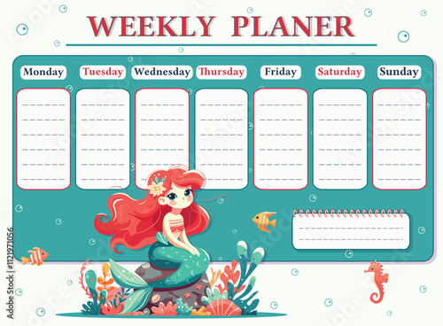 A weekly planer for a student. School Time Table Template with a sweet and modest mermaid on white background. Vector illustration in flat cartoon style