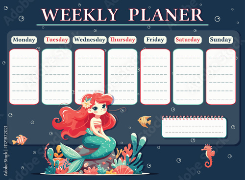 A weekly planer for a student. School Time Table Template with a sweet and modest mermaid. Vector illustration in flat cartoon style