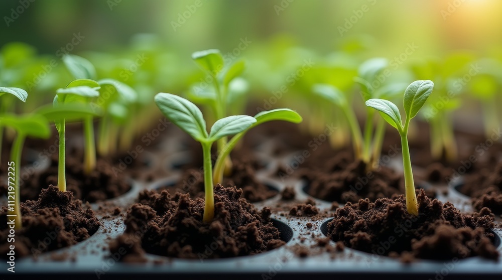 A close-up view of a seedling tray with small seedlings emerging from the soil A close-up view of a seedling tray with small seedlings emerging from the soil