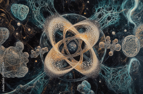 A stylized image of an atom with particles of protons and neutrons and other subatomic particles on the background of images of quantum physics and science. photo