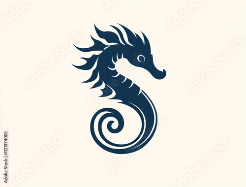 Stylized seahorse design, dark blue silhouette on white background, resembling letter S.