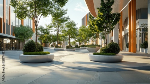 Modern city plaza with trees in planters.