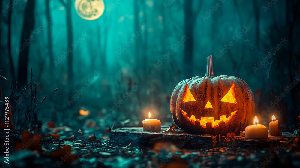 Naklejka premium A Halloween-themed pumpkin jack-o'-lantern with burning candles set against a spooky forest backdrop featuring a full moon and wooden table, creating a haunting Halloween atmosphere.