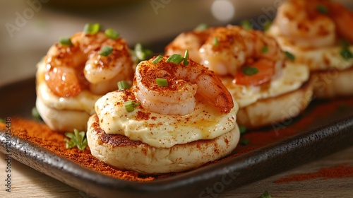 Eggs Benedict with a spicy Cajun twist, featuring shrimp and paprika, plated on a rustic ceramic dish