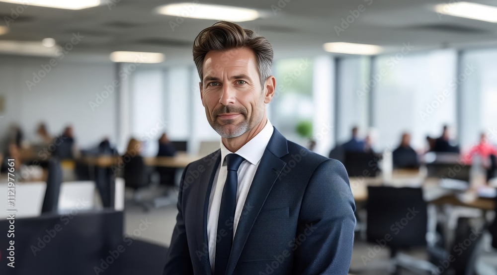 Fototapeta premium Confident business man in office. Senior businessman coach, leader looking at camera. Middle aged business man in suit standing in office. Businessman boss director.