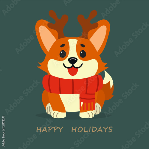 Greeting card with a cute corgi pet with reindeer antlers and a Christmas scarf. Happy New Year and Christmas holiday card. Vector illustration