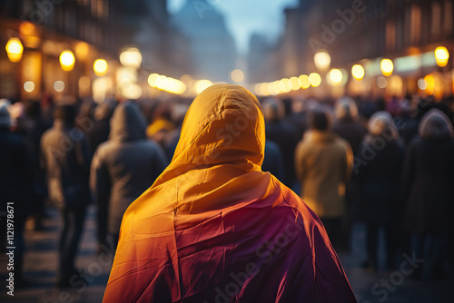 A peaceful rally in honor of LGBT people and a close-up of the LGBT community flag. photo