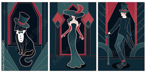 illustrations of art deco style in gold, green and red