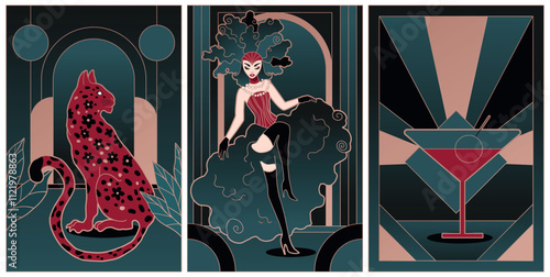 illustrations of art deco style in gold, green and red