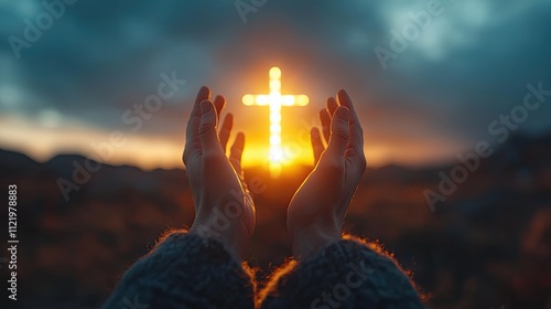 A close-up of hands reaching up towards the sky with a glowing cross illuminated by a bright sunrise