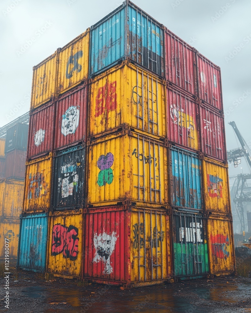 Fototapeta premium Graffiti-adorned cargo containers in an industrial port setting