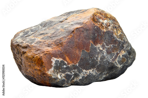 A close-up view of a rugged and textured rock with a blend of earthy tones, featuring natural patterns and colors, set against a transparent background. photo