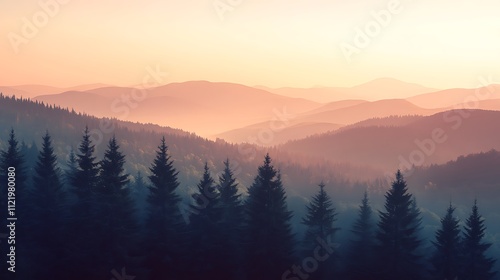 Silhouetted Pine Trees in a Misty Mountain Valley at Sunset