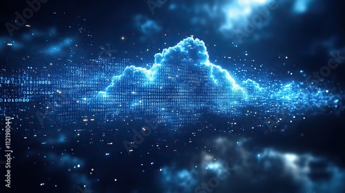 A cloud technology banner in blue uses an illustration of clouds and binary code to represent internet service and data storage