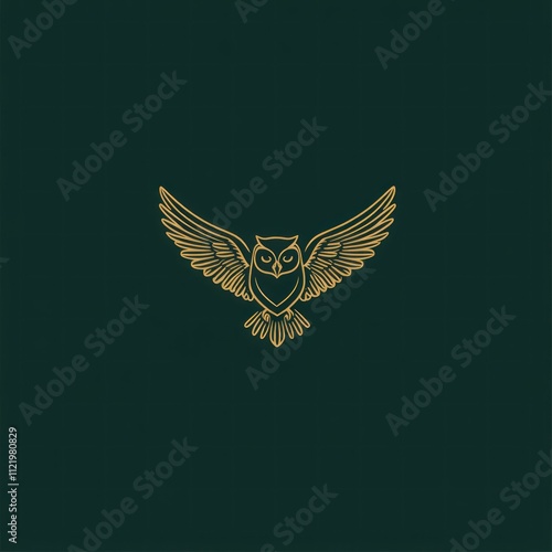 Golden line art owl with outstretched wings on dark green background. photo