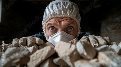 Asbestos Removal Specialist Safely Dismantling Hazardous Materials in Old Building with Precautions photo