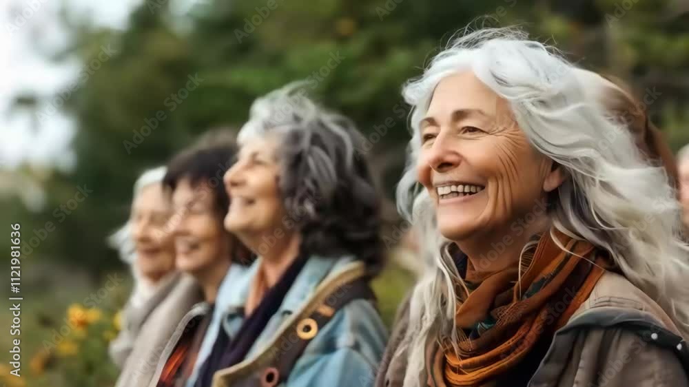 Outdoors casual portrait of gray long haired mature woman enjoying the nature with some friends for relaxing Outdoors casual portrait of gray long haired mature woman enjoying the nature with some friends for relaxing