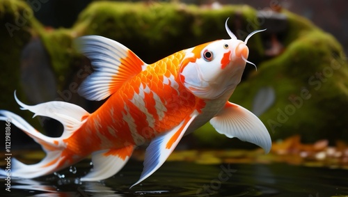 The vivid orange and white koi fish with irid photo