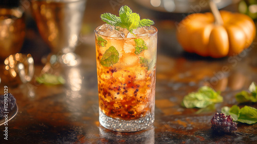 Refreshing autumn cocktail with mint and berries