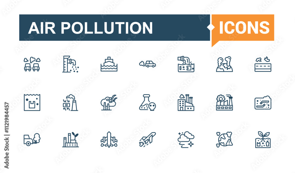 Set of Air Pollution line icons. Contains related to bad, river, poison, leak, car and more. Perfect for logos and infographics. Vector line and solid icons. Set of Air Pollution line icons. Contains related to bad, river, poison, leak, car and more. Perfect for logos and infographics. Vector line and solid icons.