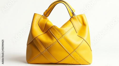 Detail of handbag with stitching, genuine leather of bright yellow color. Texture and fashionable modern background, copy space