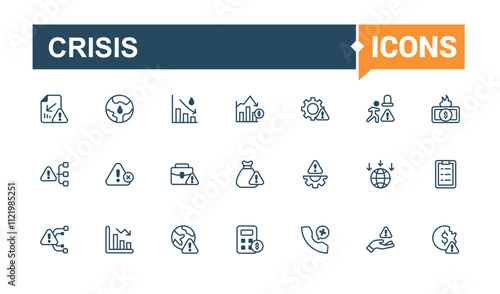 Crisis icons set in line style. It contains symbols to report, risk, chart, money, decrease, fail, bankruptcy, arrow. Set of line pictogram. Editable vector icon and illustration.