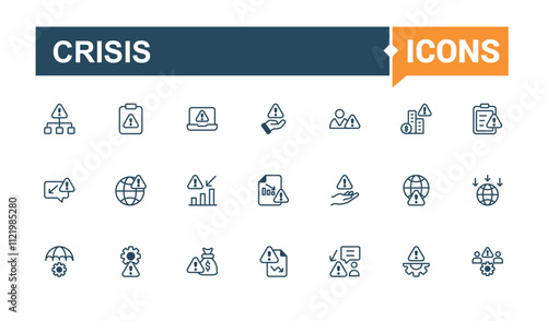 Crisis icons set in line style. It contains symbols to report, risk, chart, money, decrease, fail, bankruptcy, arrow. Set of line pictogram. Editable vector icon and illustration.