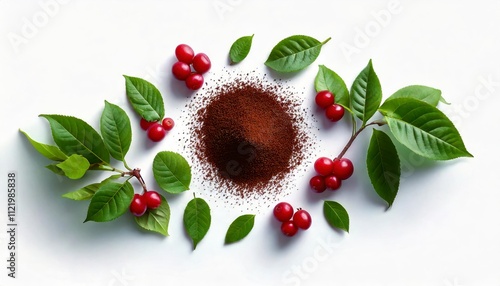 Coffee beans and leaves on a white background. photo