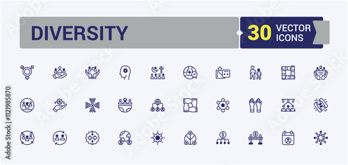 Diversity icons set in line style. Contains such icons as language, culture, illustration, together, ethnic and more. Editable vector icon and illustration.