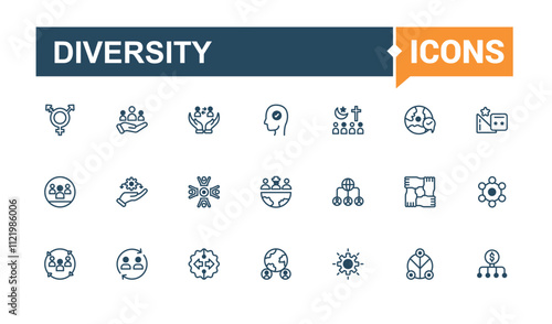 Diversity icon set. Containing presentation, together, illustration, afro, line, people, inclusion, female. Outline icons pack. Solid line editable stroke.