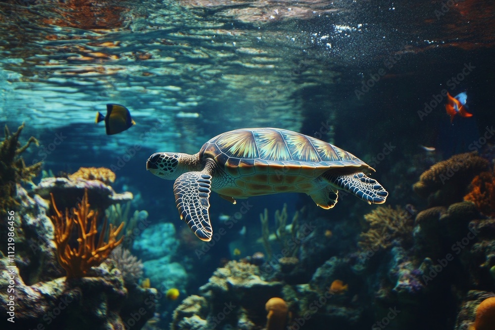 Obraz premium Sea turtle swimming gracefully in vibrant coral reef. Generative AI