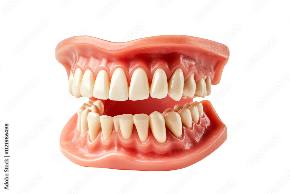 Obraz premium A detailed view of a set of artificial teeth with realistic gums, displayed against a white isolated background, ideal for dental education and marketing.