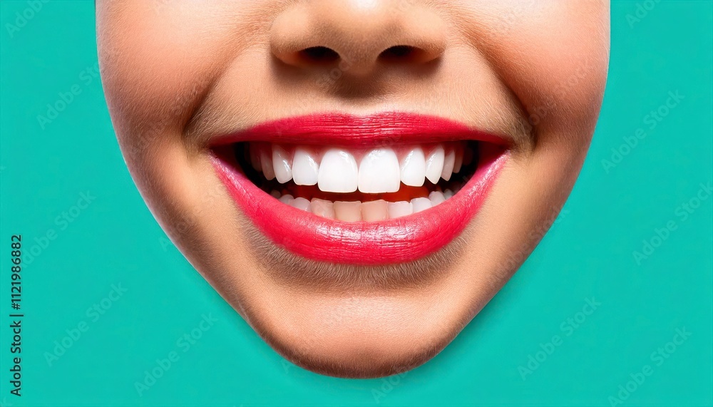 Naklejka premium Joyful smile with vibrant red lips and fresh teeth.