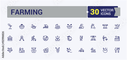 Farming line icon collections. Related to out, innovation, grain, farmer, watering, bio and more. Simple web icons. Solid line editable stroke.