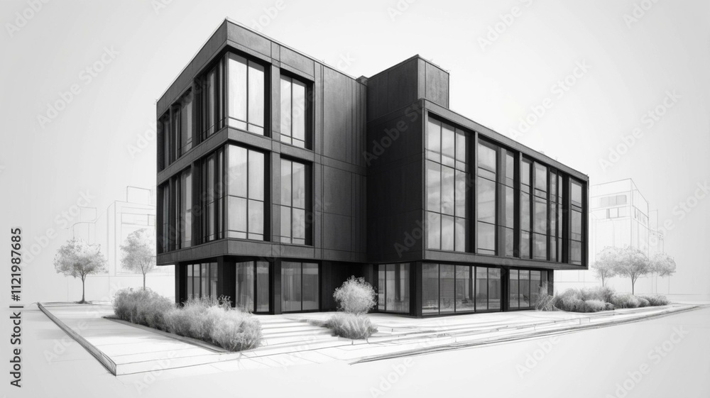 Black building. Modern architecture, 3D graphic design Black building. Modern architecture, 3D graphic design