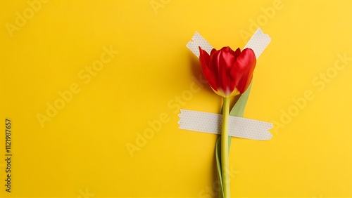 Tulip flower taped to bright background. Minimal concept. photo