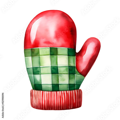 Watercolor Christmas Glove with green checkered pattern. Glove are green and white, and has a fluffy texture, isolated on white background. Perfect for xmas greeting cards and seasonal illustrations photo