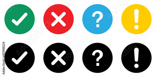 True and false, exclamation mark and question mark vector icons set in different color. Exclamation points and question mark icon collection. Silhouette and flat design. Vector illustration.