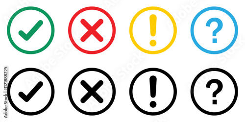 True and false button, tick or cross sign, exclamation mark and question mark vector icons set in different color. Checklist icon collection. Outline and flat style. Vector illustration.