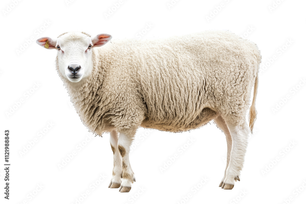 Fototapeta premium A fluffy sheep standing proudly on a white isolated background, showcasing its soft wool and curious expression.