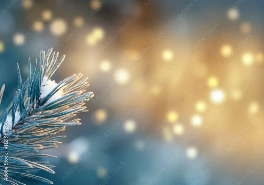 Fototapeta premium A close-up of a snow-covered pine tree branch on the left side, with a blurred background creating a bokeh effect. The background has a gradient of blue and gold