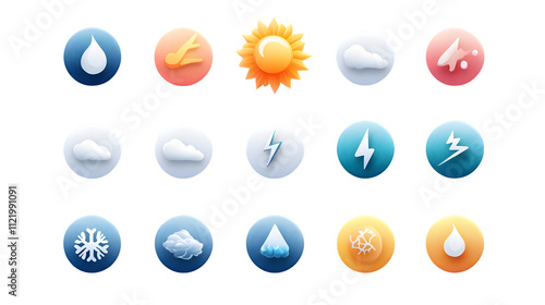 A set of 12 minimalist weather icons including sun, cloud, rain, snowflake, and lightning, isolated on a seamless white background