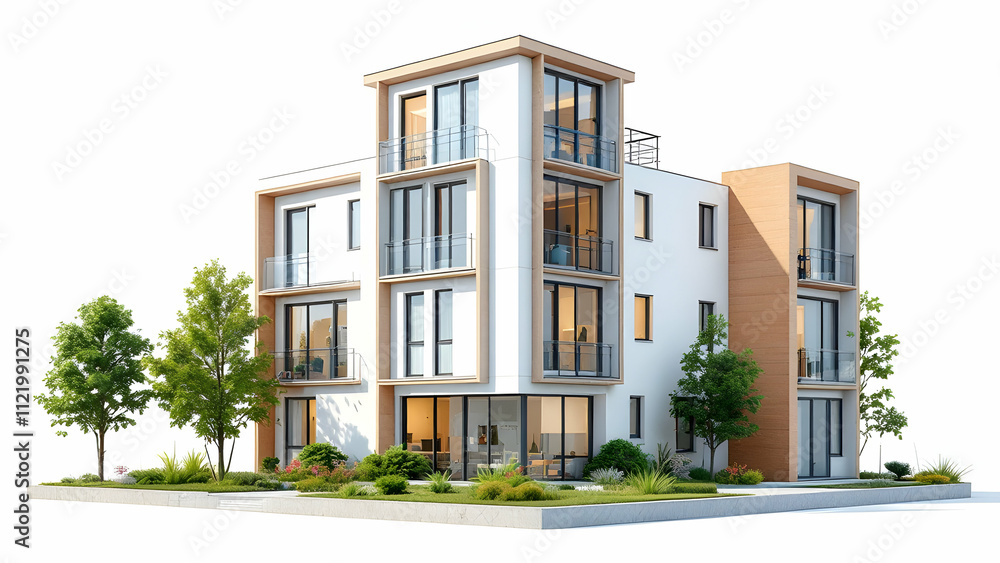 A 3D rendering showcases a modern apartment building. It features multiple levels, balconies, large windows, and landscaping. The design is contemporary with clean lines. A 3D rendering showcases a modern apartment building. It features multiple levels, balconies, large windows, and landscaping. The design is contemporary with clean lines.