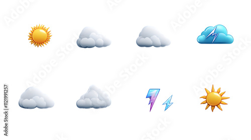 A set of 12 minimalist weather icons including sun, cloud, rain, snowflake, and lightning, isolated on a seamless white background